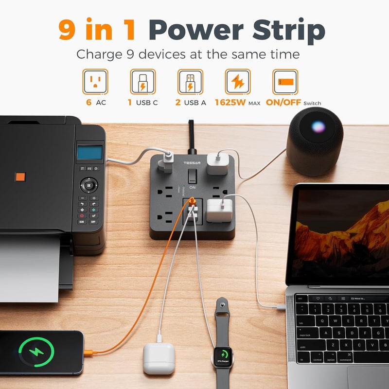 TESSAN 5Ft Black Extension Cord with Multiple Outlets, Surge Protector Power Strip with 6 Outlets and 3 USB Ports (1 USB C), 1700 Joules Protection, Flat Plug, Outlet Extender for Home, Office, Dorm - Image 2