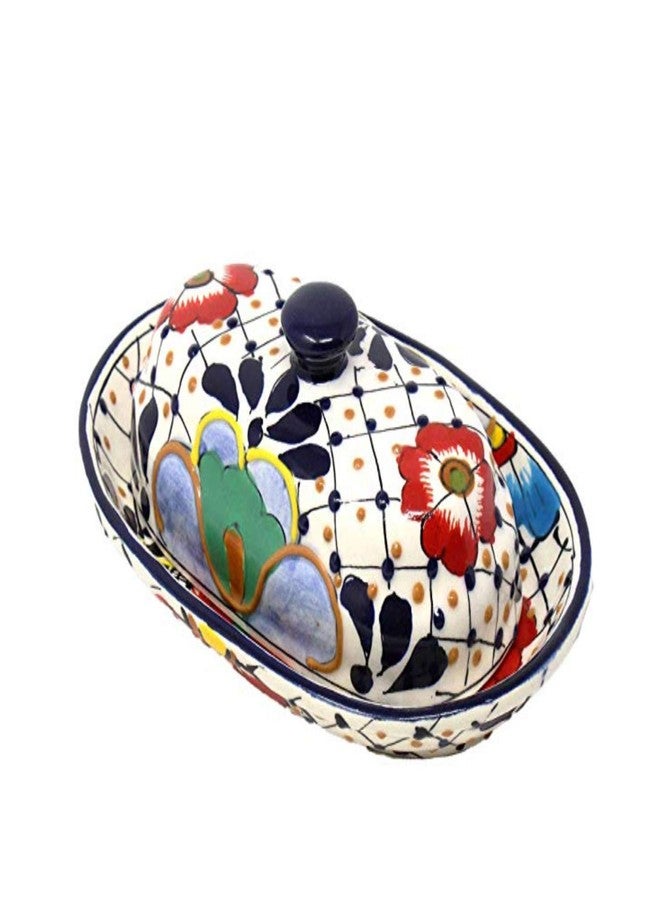 Global Crafts Encantada Handmade Hand-Painted Authentic Mexican Pottery, Butter Dish with Lid, Dots & Flowers (MC129D) - Image 1