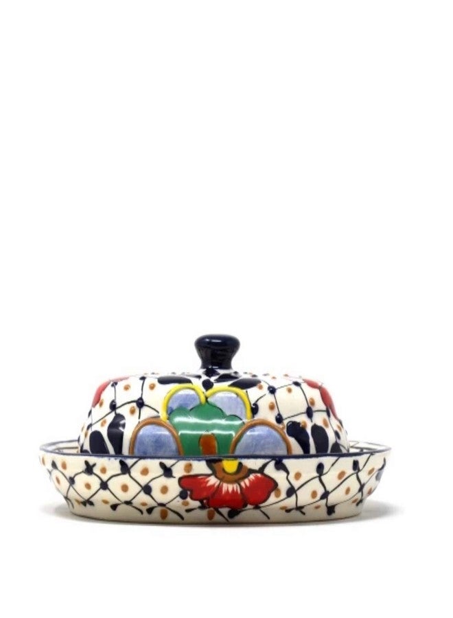 Global Crafts Encantada Handmade Hand-Painted Authentic Mexican Pottery, Butter Dish with Lid, Dots & Flowers (MC129D) - Image 4
