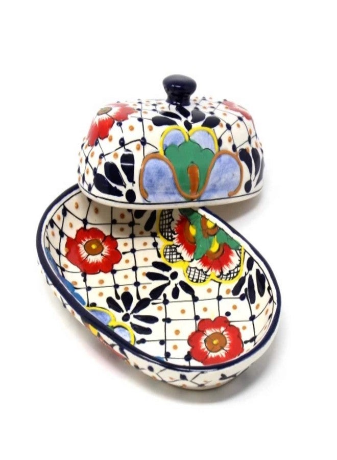 Global Crafts Encantada Handmade Hand-Painted Authentic Mexican Pottery, Butter Dish with Lid, Dots & Flowers (MC129D) - Image 5