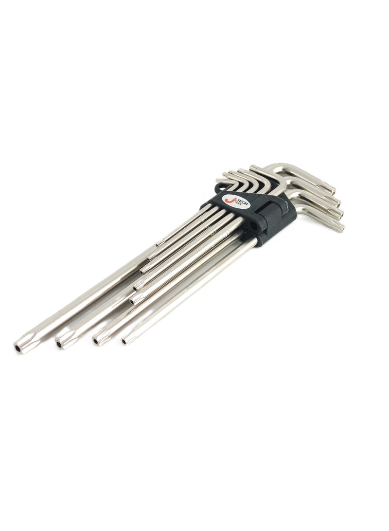 jetechtool مجموعة مفاتيح توركس 9 قطع طويلة الذراع من جيتيك، مفاتيح أمان نجمة (مع ثقب)، فولاذ S2، حجم توركس: TT10، TT15، TT20، TT25، TT27، TT30، TT40، TT45، TT50 - SWL-9 - Image 1