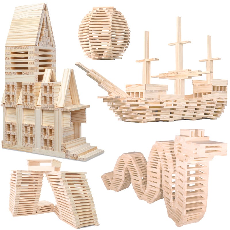 NiToy Wooden Plank Building Blocks 200PCS Sensory Toy for Kids, Montessori STEM Playset with Natural Pine Wood Creative Shapes for Educational Preschool Learning 3D Space Stacking Games for Boys Girls - Image 1