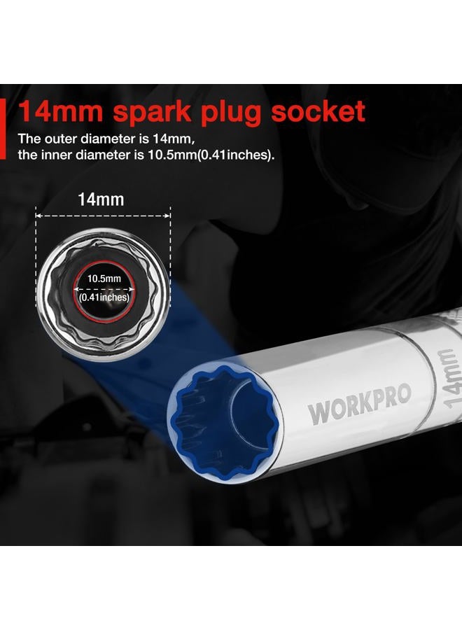 WORKPRO 14mm Magnetic Swivel Spark Plug Socket, 3/8" Drive x 4" Total Length, Enhanced Magnetic Design With Thin Wall Socket, 360 Degree Swivel, 12 Point - Image 2