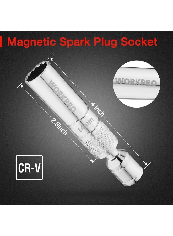 WORKPRO 14mm Magnetic Swivel Spark Plug Socket, 3/8" Drive x 4" Total Length, Enhanced Magnetic Design With Thin Wall Socket, 360 Degree Swivel, 12 Point - Image 3