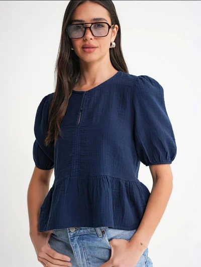 MixRay Mixray Textured Muslin Crew Neck Blouse with Button Closure