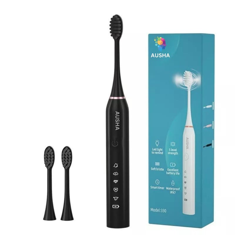 AUSHA Black Smart Electric Toothbrush for Men & Women – Sonic Vibrating Automatic Toothbrush for Adults Rechargeable, 5 Modes, Smart Timer, Waterproof, 60-Day Battery Life, 2 Extra Brush Heads - Image 1