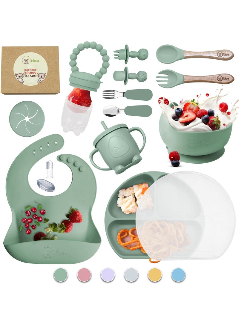 أودو لوازم تغذية الفطام للأطفال الصغار، مجموعة تغذية الطفل من O'doe | مجموعة أدوات تناول الطعام الذاتية من السيليكون مع ملاعق ومرايل ومجموعة ملاعق للأطفال الصغار | طقم أطباق طعام الرضع | مجموعة من 17 - Image 1