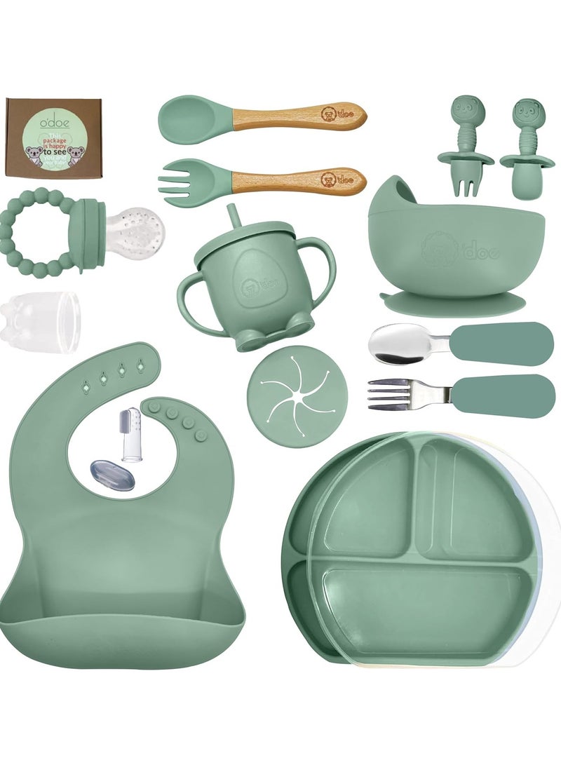 أودو لوازم تغذية الفطام للأطفال الصغار، مجموعة تغذية الطفل من O'doe | مجموعة أدوات تناول الطعام الذاتية من السيليكون مع ملاعق ومرايل ومجموعة ملاعق للأطفال الصغار | طقم أطباق طعام الرضع | مجموعة من 17 - Image 3