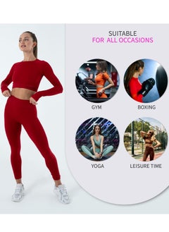 Bernessi Turkiye Nylon Long Sleeve Crop Top with Round Neck Women's Cropped T-Shirt for Workout Yoga Running Exercise Textured Scarlet Red  - Image 4