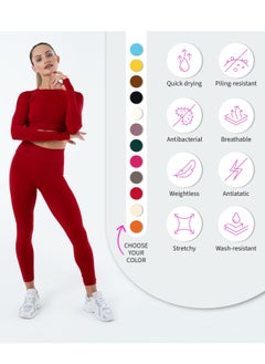 Bernessi Turkiye Nylon Long Sleeve Crop Top with Round Neck Women's Cropped T-Shirt for Workout Yoga Running Exercise Textured Scarlet Red  - Image 5