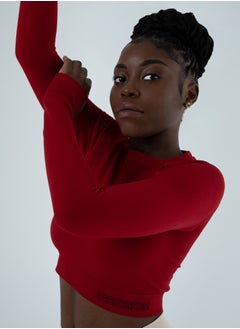 Bernessi Turkiye Nylon Long Sleeve Crop Top with Round Neck Women's Cropped T-Shirt for Workout Yoga Running Exercise Textured Scarlet Red  - Image 2