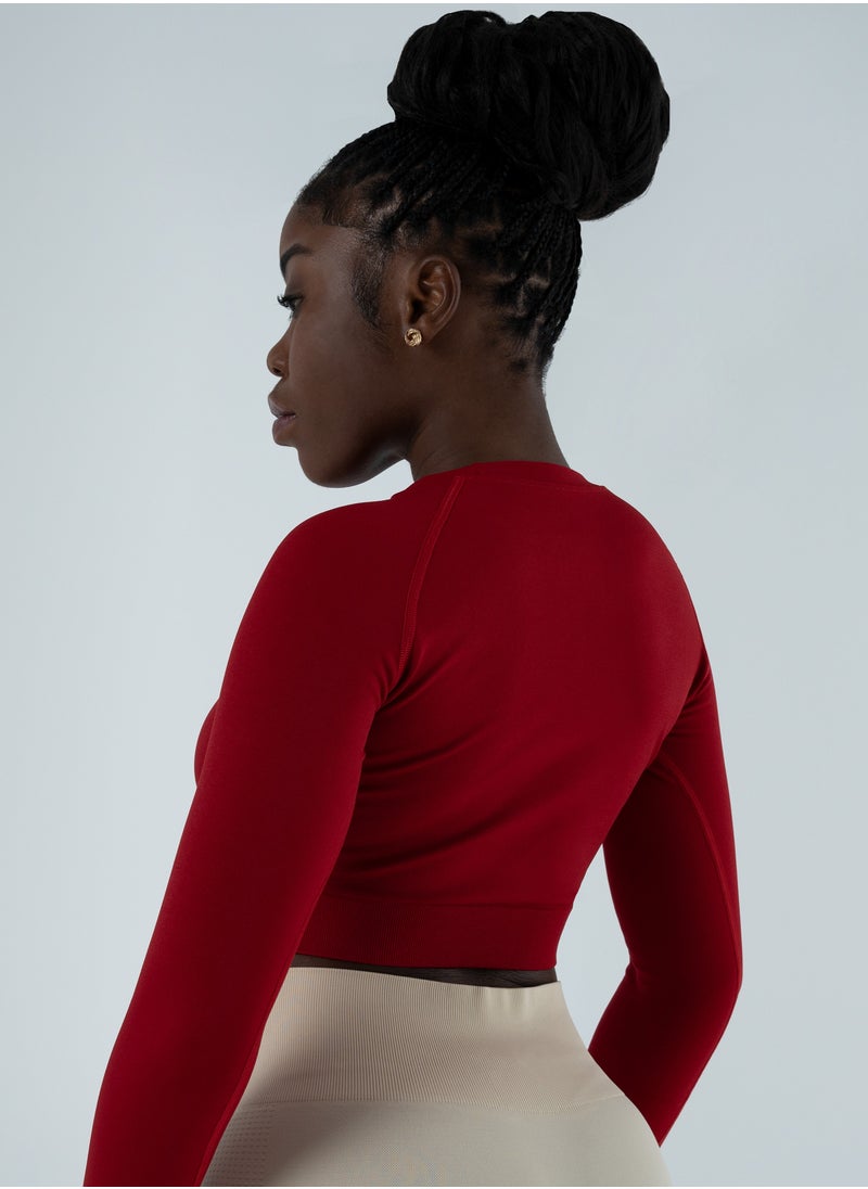 Bernessi Turkiye Nylon Long Sleeve Crop Top with Round Neck Women's Cropped T-Shirt for Workout Yoga Running Exercise Textured Scarlet Red  - Image 3