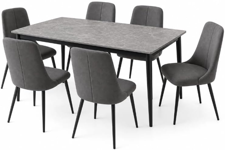 Modern 7-Piece Dining Table Set for 6 - Gray Sintered Stone Marble Top, Black Metal Legs & Upholstered Chairs - Image 4
