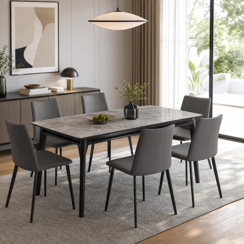 Modern 7-Piece Dining Table Set for 6 - Gray Sintered Stone Marble Top, Black Metal Legs & Upholstered Chairs - Image 3