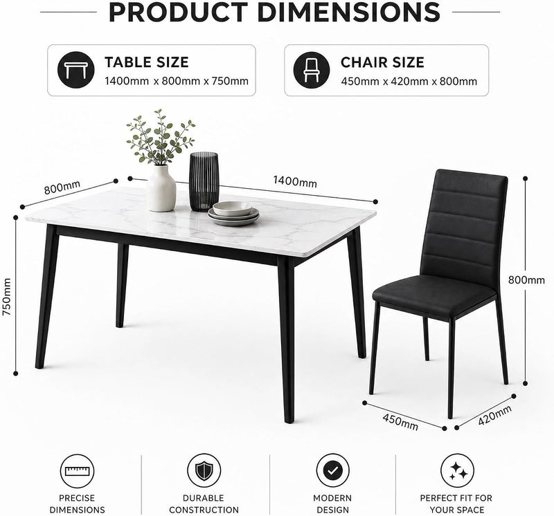 Modern 7-Piece Dining Table Set for 6 - Gray Sintered Stone Marble Top, Black Metal Legs & Upholstered Chairs - Image 5