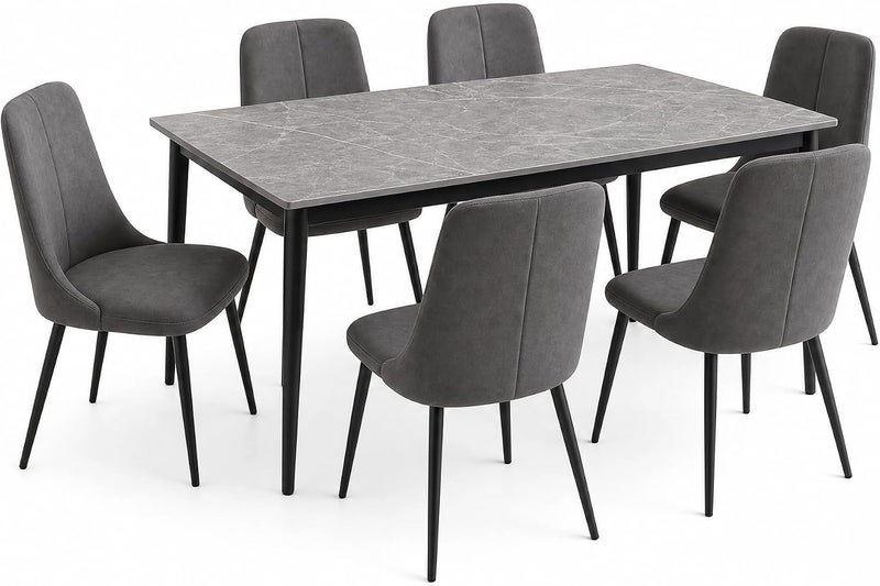 Modern 7-Piece Dining Table Set for 6 - Gray Sintered Stone Marble Top, Black Metal Legs & Upholstered Chairs - Image 2