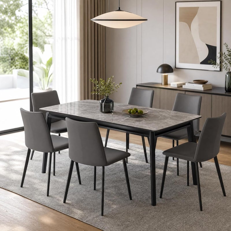 Modern 7-Piece Dining Table Set for 6 - Gray Sintered Stone Marble Top, Black Metal Legs & Upholstered Chairs - Image 1