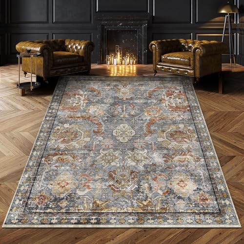 RUGSURE Washable Area Rugs - Perfect for Living Room, Bedroom, Kids Room, Nursery - Stain & Water Resistant Non-Slip, Pet & Child Friendly, Vintage Tribal Area Rugs (Turmeric and Grey, 5' x 7') - Image 1
