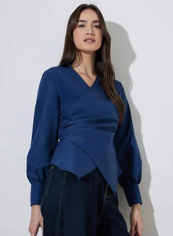 Styli Navy Blue Asymmetric Hem Solid Wrap Top