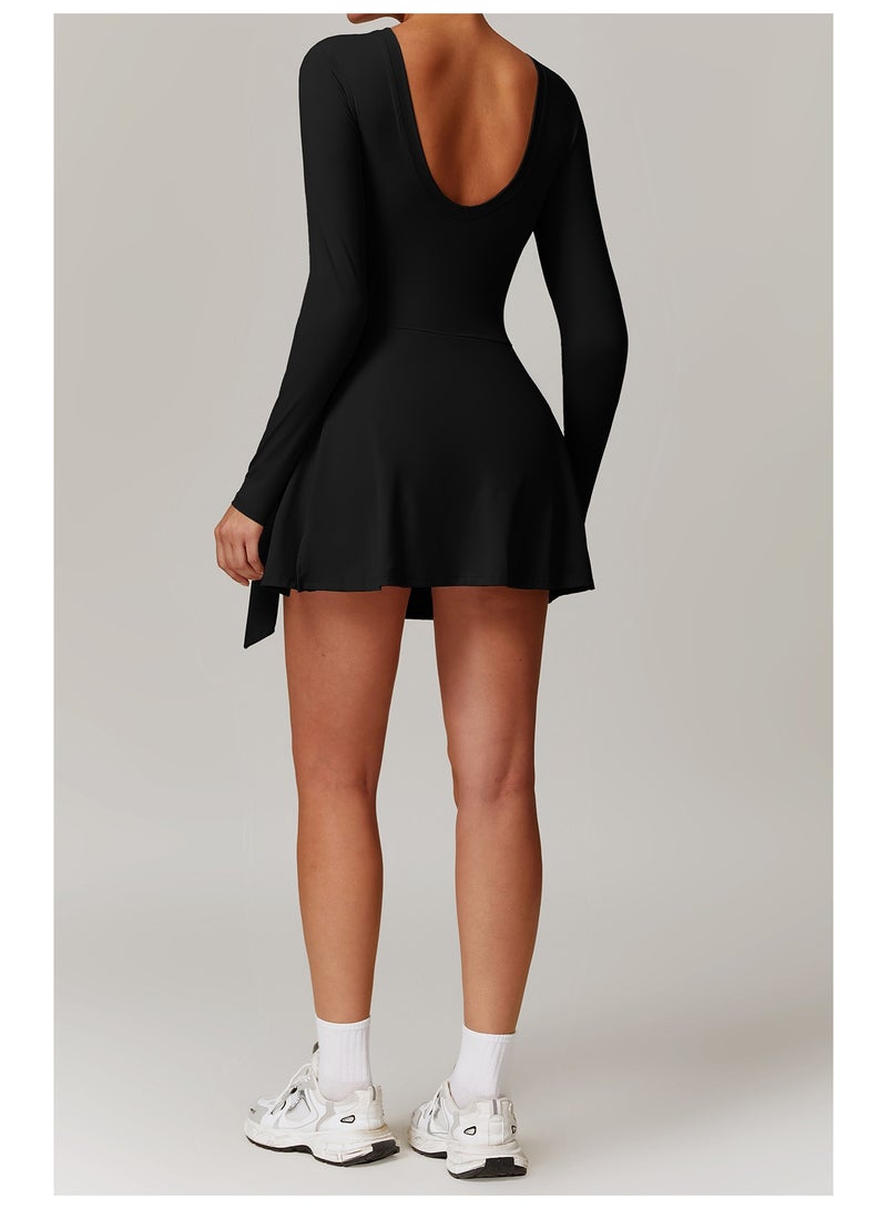 Womens High Neck Tennis Dress Long Sleeve Sarong Wrap Skirt Built in Shorts Golf Athletic Dress Workout Rompers - Image 2