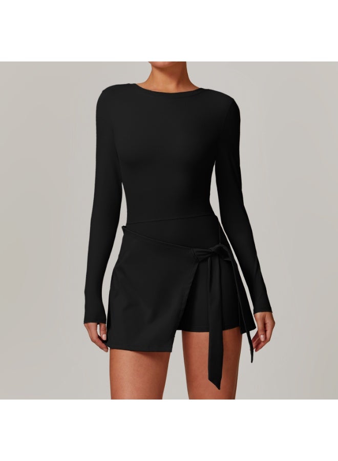 Womens High Neck Tennis Dress Long Sleeve Sarong Wrap Skirt Built in Shorts Golf Athletic Dress Workout Rompers - Image 1