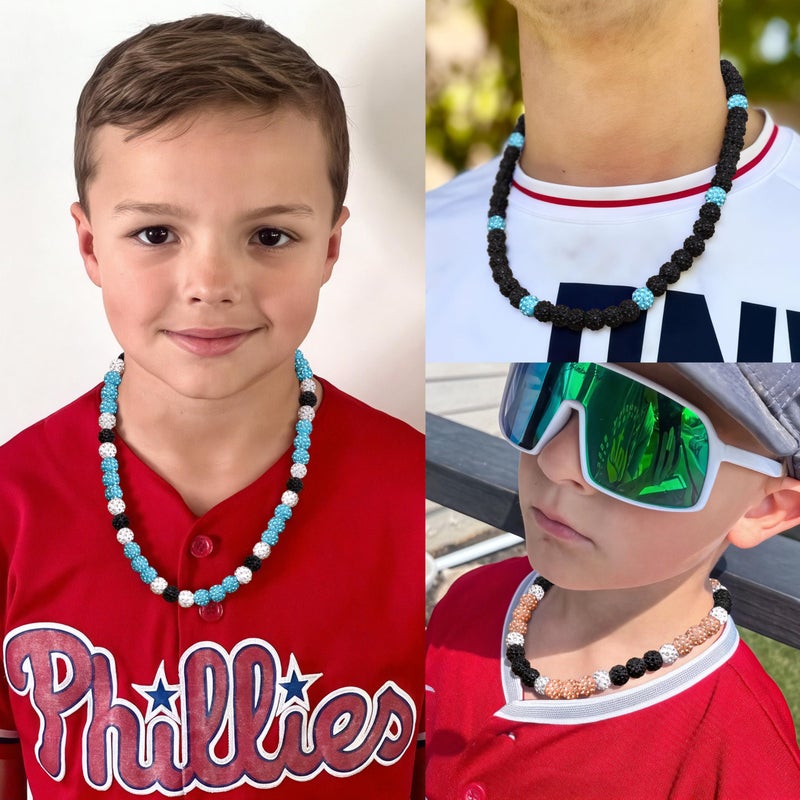 Krfy Baseball Necklaces for Boys, Bling Rhinestone Beaded Necklaces, Diamond Baseball Drip Necklace Ice Bead Necklaces Inspired Sports Jewelry, 17.7 Inches Black-Lakeblue, Ageï¼šOver 8 Years Old - Image 3