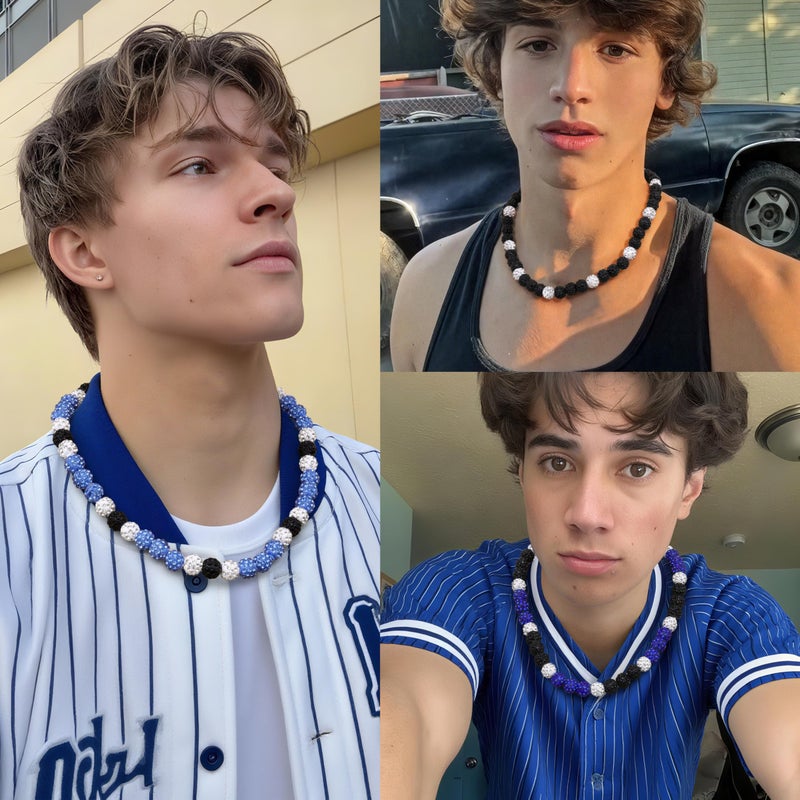 Krfy Baseball Necklaces for Boys, Bling Rhinestone Beaded Necklaces, Diamond Baseball Drip Necklace Ice Bead Necklaces Inspired Sports Jewelry, 17.7 Inches Black-Lakeblue, Ageï¼šOver 8 Years Old - Image 5