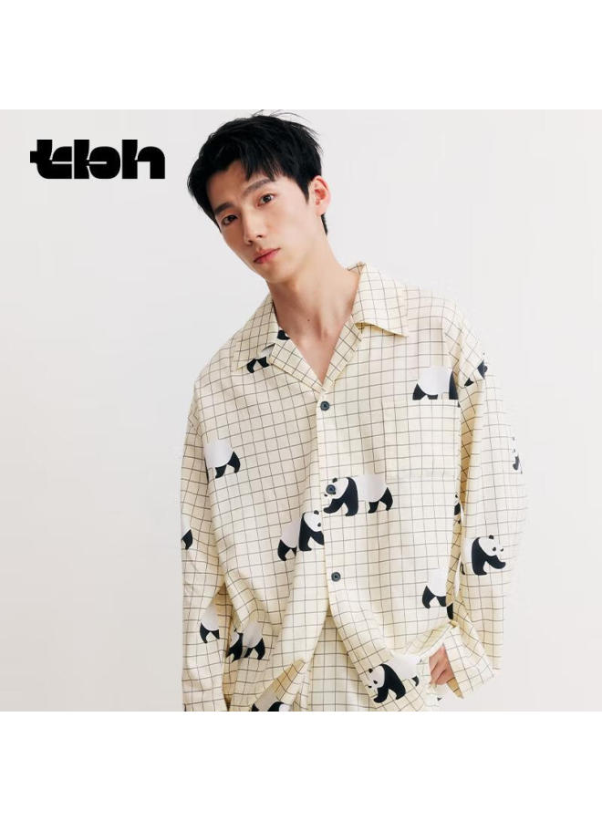 tbh Panda Silk Cotton Home Wear Set For Both Men And Women, Short Plaid Set, Size L - Image 1