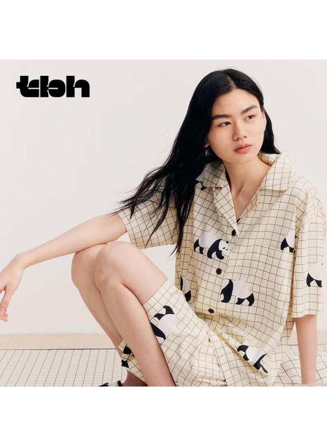 tbh Panda Silk Cotton Home Wear Set For Both Men And Women, Short Plaid Set, Size L - Image 3