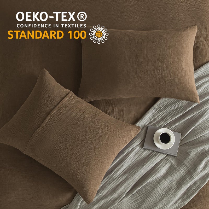 SE SOFTEXLY Muslin Duvet Cover King Size, 100% Washed Cotton Duvet Cover Set, Ultra Soft Comforter Cover Linen Like, 3 Pieces Minimalist Gauze Duvet Cover with 2 Pillowcases, 90"x104", Dark Brown - Image 5