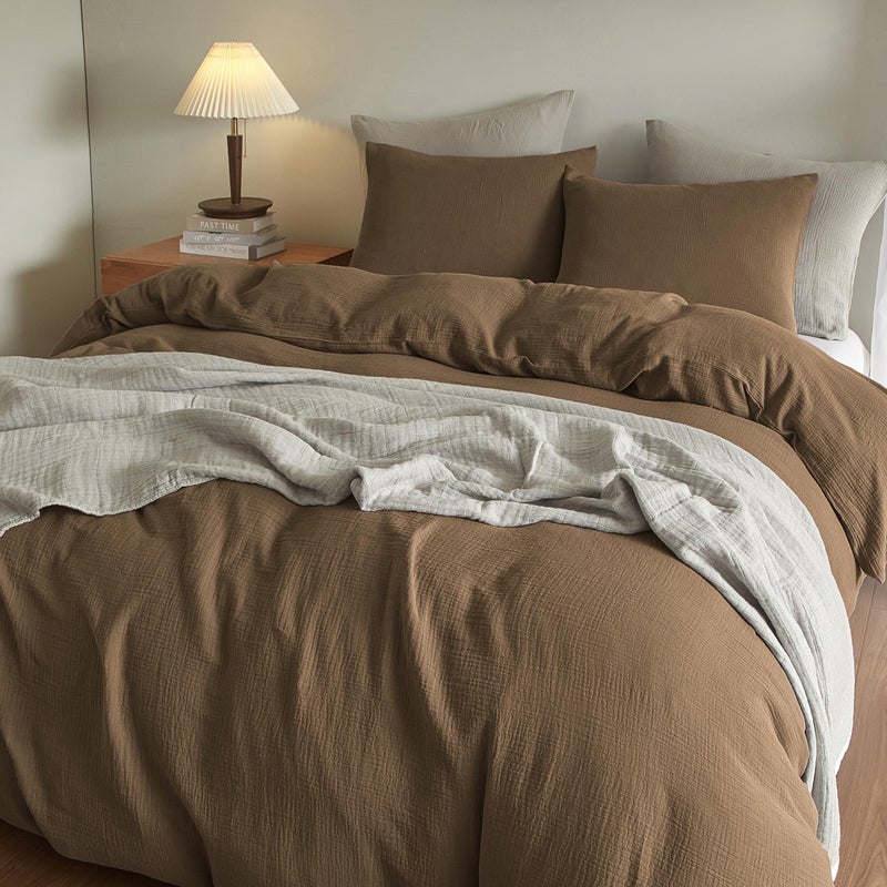 SE SOFTEXLY Muslin Duvet Cover King Size, 100% Washed Cotton Duvet Cover Set, Ultra Soft Comforter Cover Linen Like, 3 Pieces Minimalist Gauze Duvet Cover with 2 Pillowcases, 90"x104", Dark Brown - Image 4