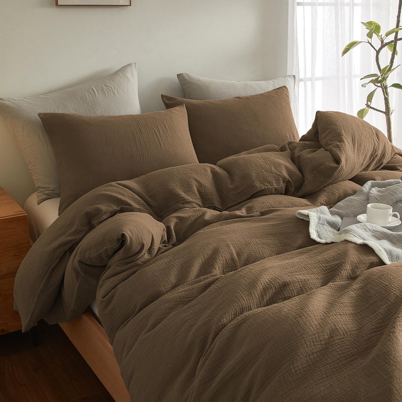 SE SOFTEXLY Muslin Duvet Cover King Size, 100% Washed Cotton Duvet Cover Set, Ultra Soft Comforter Cover Linen Like, 3 Pieces Minimalist Gauze Duvet Cover with 2 Pillowcases, 90"x104", Dark Brown - Image 3