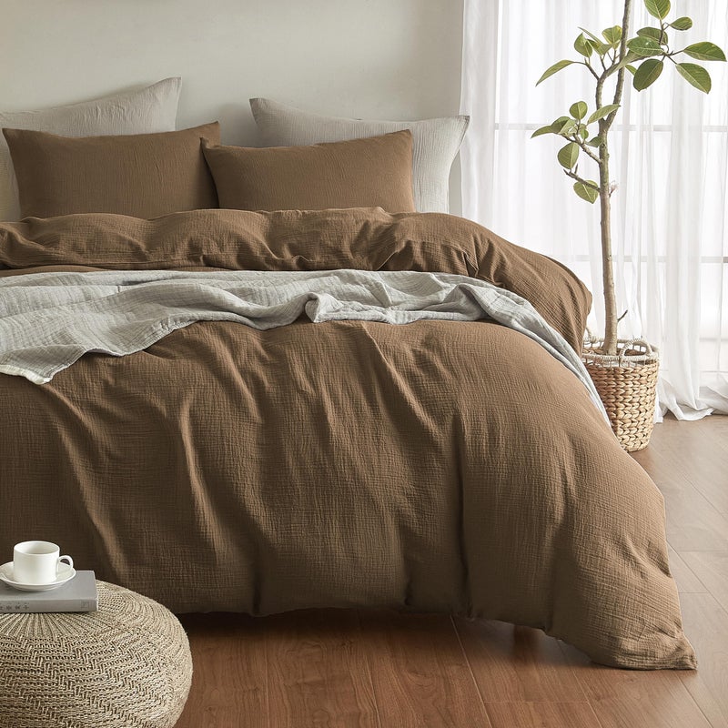 SE SOFTEXLY Muslin Duvet Cover King Size, 100% Washed Cotton Duvet Cover Set, Ultra Soft Comforter Cover Linen Like, 3 Pieces Minimalist Gauze Duvet Cover with 2 Pillowcases, 90"x104", Dark Brown - Image 1