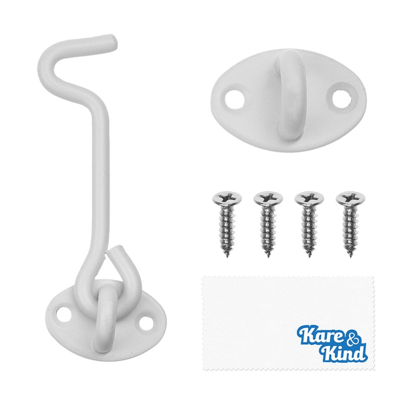 Kare Kind Kare & Kind Hook and Eye Latch (4-inch) - with Mounting Screws - Heavy Duty Locks for Door, Gates, Barns, Bathrooms, Cabins (1-White) - Image 1