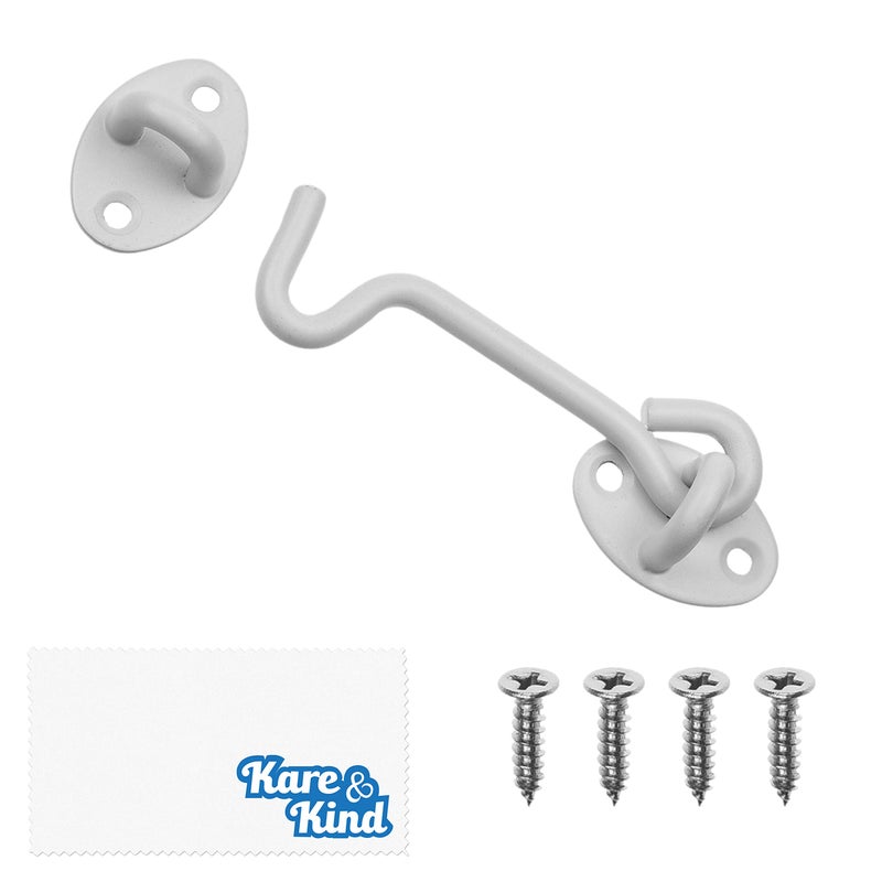 Kare Kind Kare & Kind Hook and Eye Latch (4-inch) - with Mounting Screws - Heavy Duty Locks for Door, Gates, Barns, Bathrooms, Cabins (1-White) - Image 5