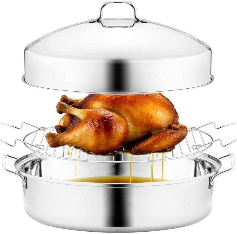 RIDGEPOLE 22” Large Roasting Pan with Rack and Lid, Stainless Steel Oval Roaster Pan, Nonstick Roasting Pan for Oven, Multi-Use Cookware for Turkey, Chicken, Gifts for Mom, Wife.(Sliver) - Image 1