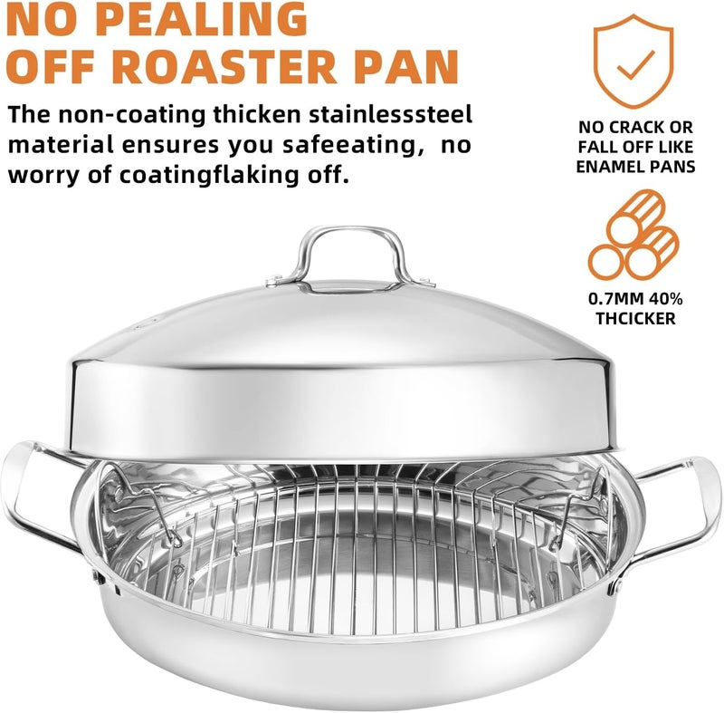 RIDGEPOLE 22” Large Roasting Pan with Rack and Lid, Stainless Steel Oval Roaster Pan, Nonstick Roasting Pan for Oven, Multi-Use Cookware for Turkey, Chicken, Gifts for Mom, Wife.(Sliver) - Image 3