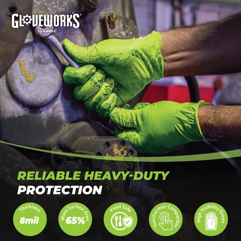 GLOVEWORKS قفازات غلووركس HD نيتريل خضراء صناعية قابلة للتخلص، 8 مل، خالية من اللاتكس، بنمط الماس المرتفع، XX-Large، علبة من 100 - Image 2