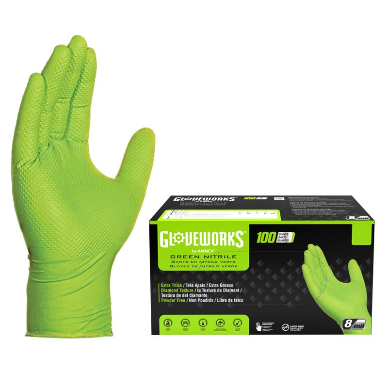 GLOVEWORKS قفازات غلووركس HD نيتريل خضراء صناعية قابلة للتخلص، 8 مل، خالية من اللاتكس، بنمط الماس المرتفع، XX-Large، علبة من 100 - Image 1