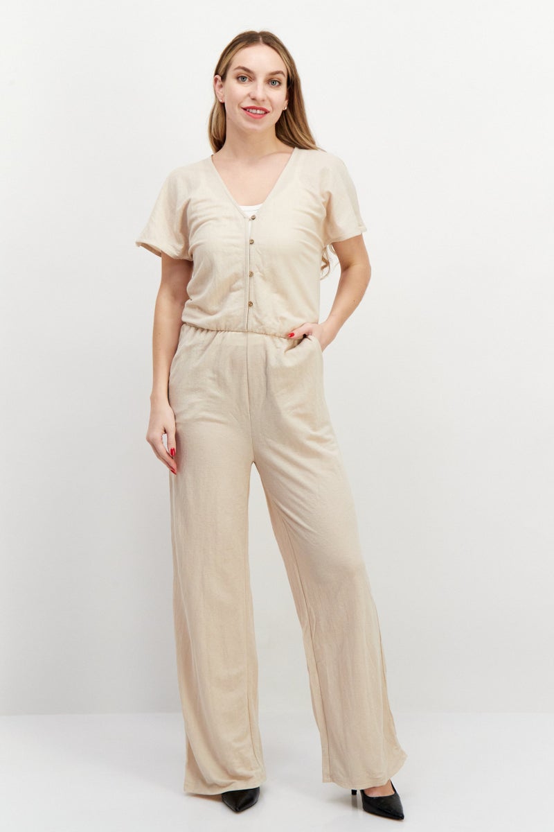 promod Women Plain Long Sleeve Jumpsuits, Beige - Image 1