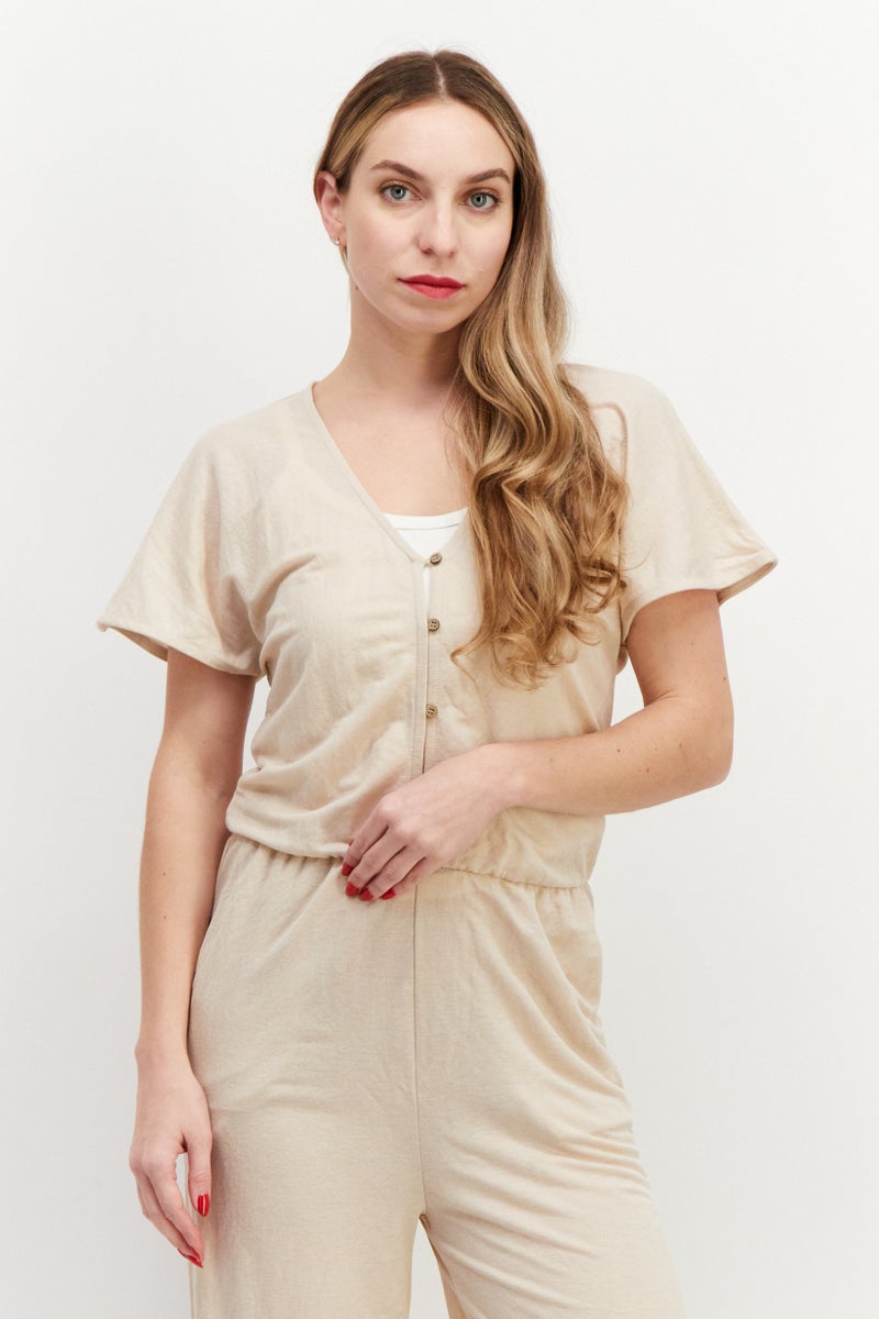 promod Women Plain Long Sleeve Jumpsuits, Beige - Image 2