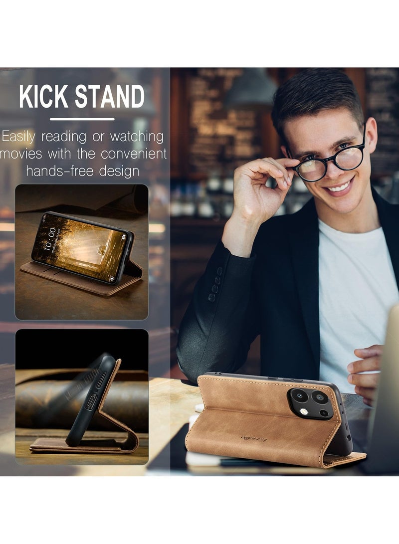 CaseMe Phone Case Luxury PU Leather Design 013 Flip Cover Card Slot Holder Cover For Redmi Note 13 Pro 4G / Poco M6 Pro 4G (Brown) - Image 2