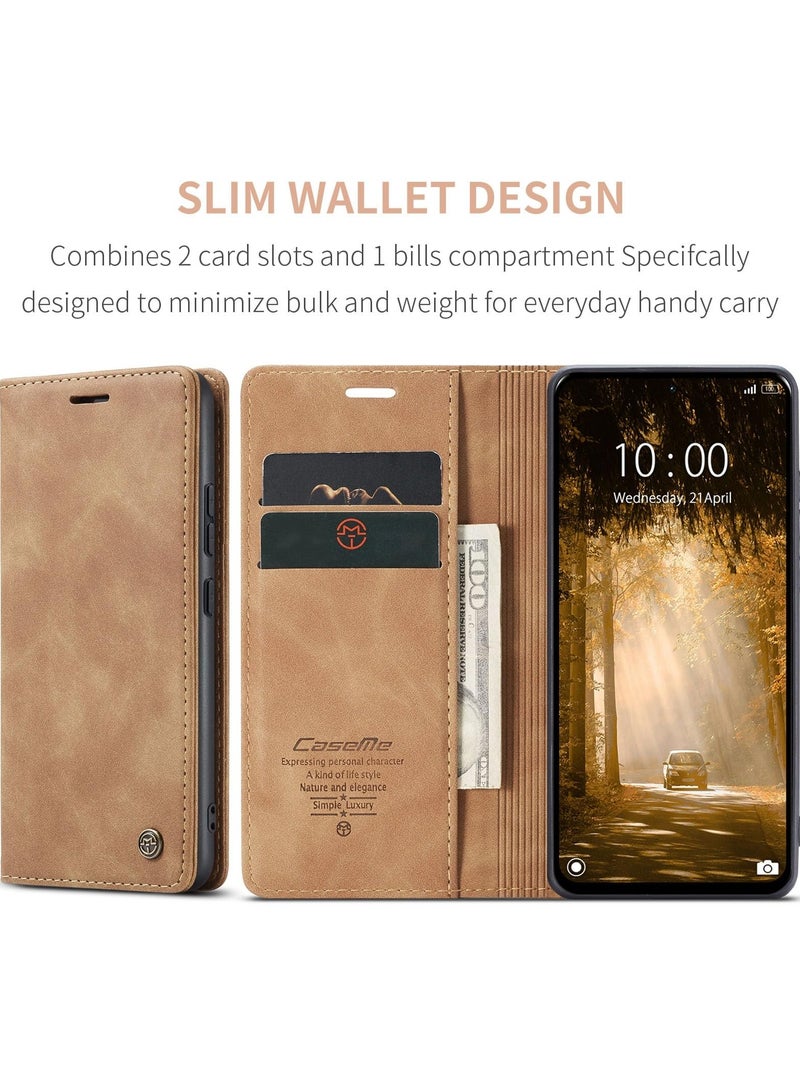 CaseMe Phone Case Luxury PU Leather Design 013 Flip Cover Card Slot Holder Cover For Redmi Note 13 Pro 4G / Poco M6 Pro 4G (Brown) - Image 3