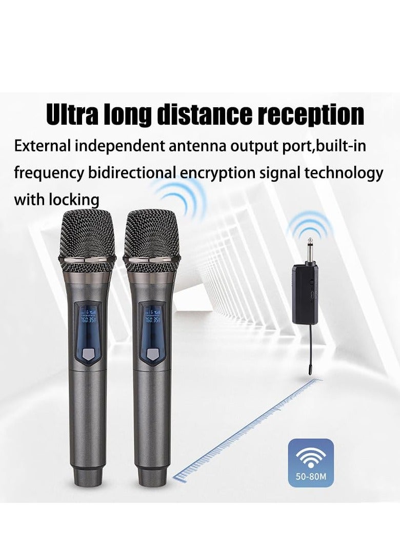 Excefore Wireless Microphones, Dual Handheld Dynamic Wireless Mic, Rechargeable Dynamic Mic 200ft, Long-Distance UHF Receiver, Suitable for Singing, Karaoke, Church, Speech, Wedding, Party (Gray）  - Image 2
