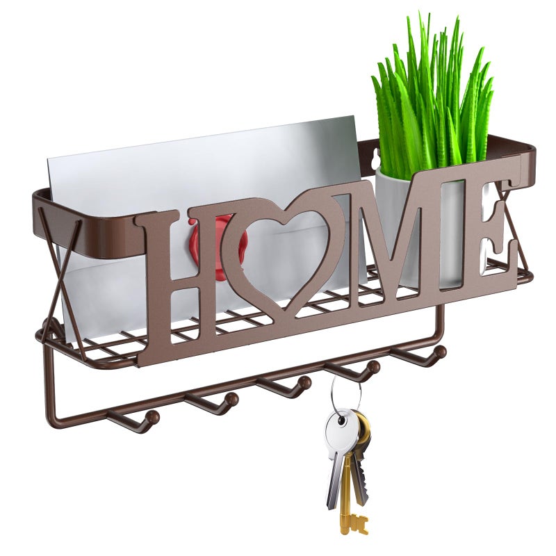 OHOBABY Key Holder Wall Mount - Adhesive Key Holder with 5 Hooks, Key Rack and Mail Organizer, Metal Basket Key Hanger for Entryway, Home, Living Room Decor, 11" LÃ—2.8" WÃ—4.9''H(Bronze) - Image 1