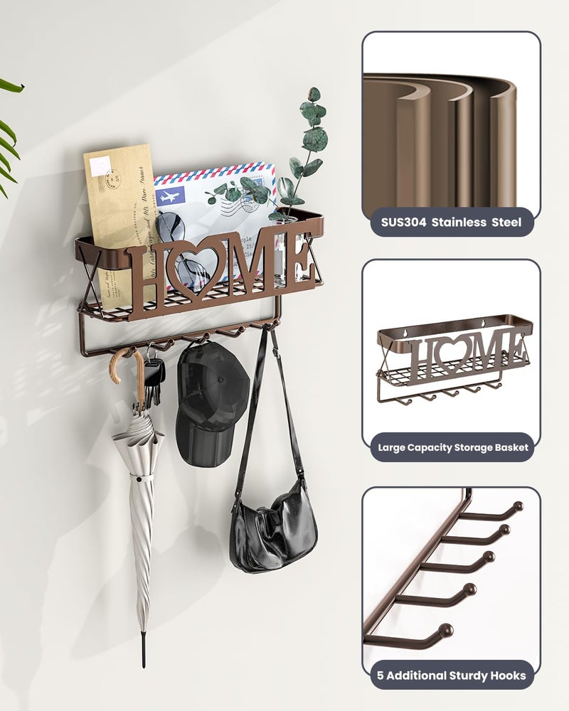 OHOBABY Key Holder Wall Mount - Adhesive Key Holder with 5 Hooks, Key Rack and Mail Organizer, Metal Basket Key Hanger for Entryway, Home, Living Room Decor, 11" LÃ—2.8" WÃ—4.9''H(Bronze) - Image 4