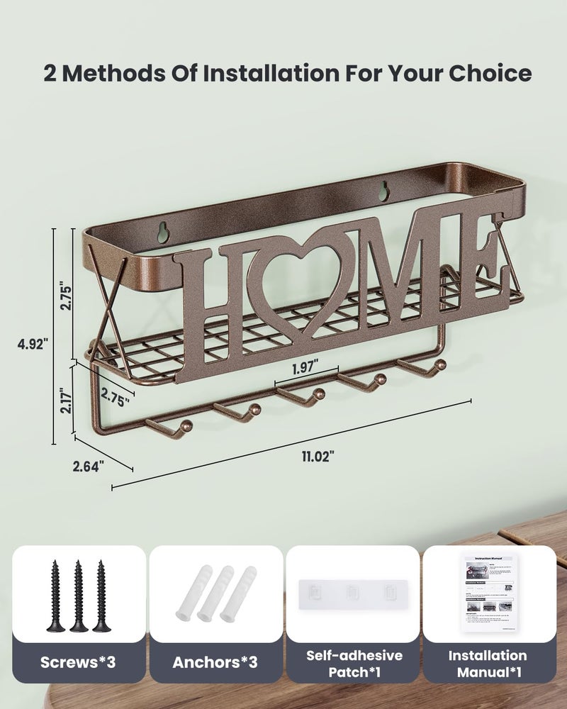 OHOBABY Key Holder Wall Mount - Adhesive Key Holder with 5 Hooks, Key Rack and Mail Organizer, Metal Basket Key Hanger for Entryway, Home, Living Room Decor, 11" LÃ—2.8" WÃ—4.9''H(Bronze) - Image 5