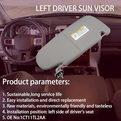 Dasbecan Gray Left Driver Side Car Sun Visor W/O Mirror Compatible with Dodge Ram 1500 2500 3500 2002 2003 2004 2005 2006 2007 2008 2009 Replaces# 1CT11TL2AA - Image 2