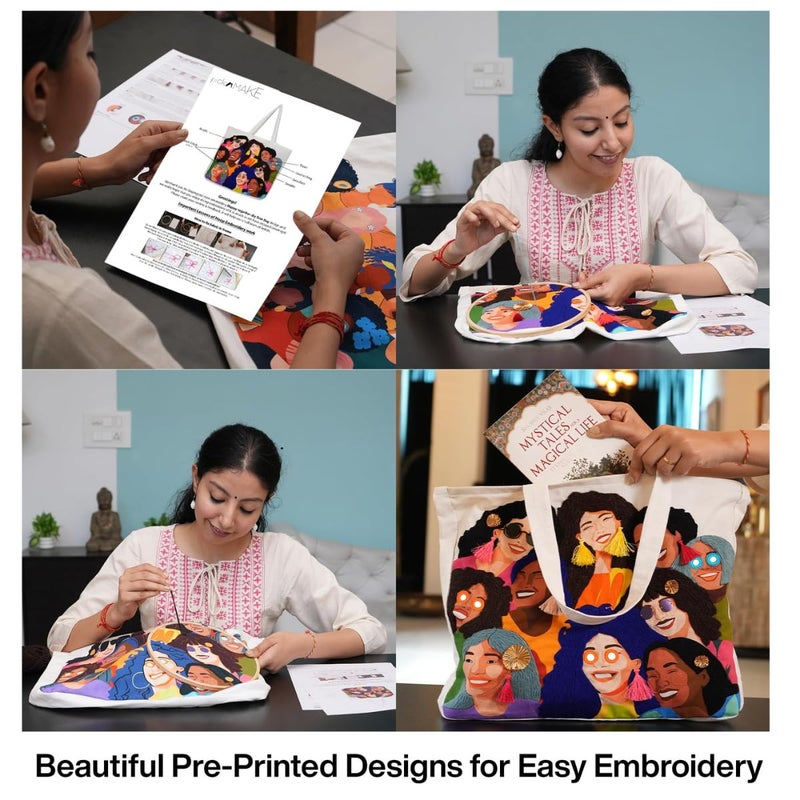 picknMAKE DIY Embroidery Tote Bag for Women – Stylish & Aesthetic Office Bag | Customizable with Sequins, Crochet Rings, Gota Flowers & Tassels | 16” x 16” with Zipped Pocket All Materials Included - Image 3