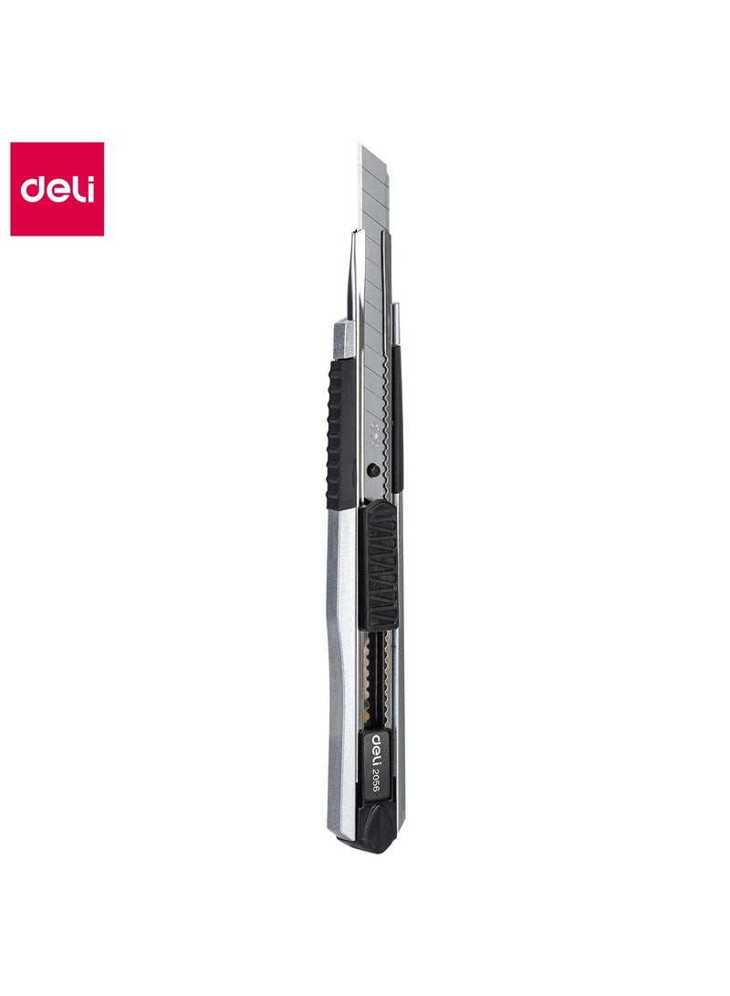 Deli E2056 Cutter - 13 Snap-Off SK5 Steel Blades, Zinc Alloy & Silicone Grip, Pen Clip Design, Silver, E2056 - Image 1